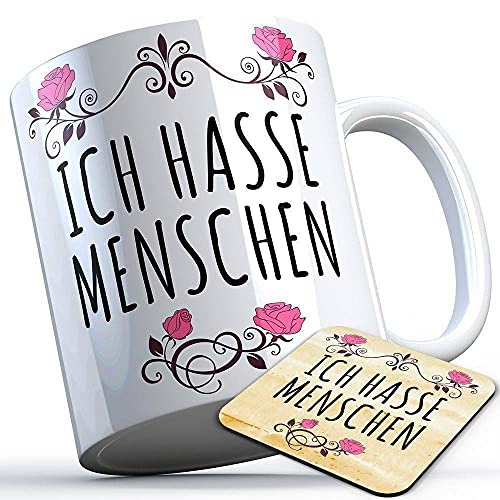 Ich hasse Menschen Tasse mit Untersetzer Sarkasmustasse Beruf Kollegen Kunde Einzelhandel Kollege Kollegin Firma Geschenk lustige Sprüchetasse (5 Farben), Farbe: Weißer Henkel von MERCHIFY