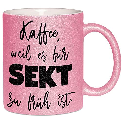 Kaffee weil es für Sekt zu früh ist Glitzertasse mit lustigem Spruch in Geschenkverpackung Tasse Funkeleffekt Glitter Sparkle Effekttasse (5 Farben), Farbe: Rosa von MERCHIFY