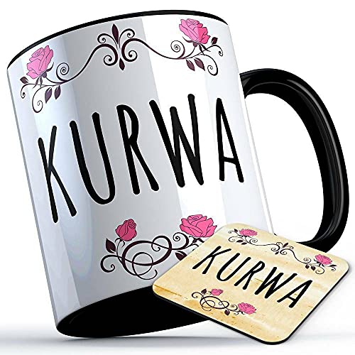 Kurwa Tasse mit Untersetzer Geschenk Kurwatasse Mädelstasse Mädels Mädel lustige Sprüchetasse Hure Huretasse Sarkasmustasse (5 Farben), Farbe: Schwarzer Henkel von MERCHIFY