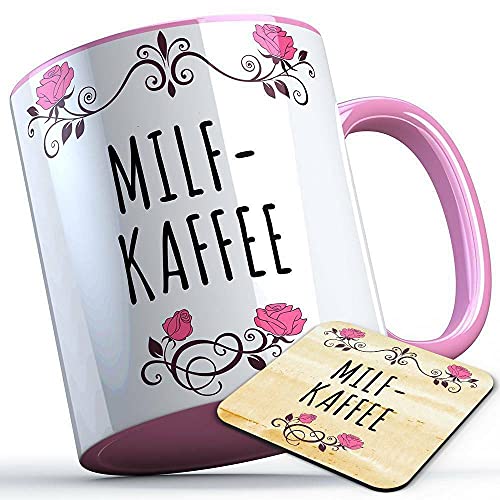 Milfkaffee Tasse mit Untersetzer Milf Kaffee Geschenk lustige Sprüchetasse Sarkasmustasse Fun Funtasse (5 Farben), Farbe: Rosa Henkel von MERCHIFY