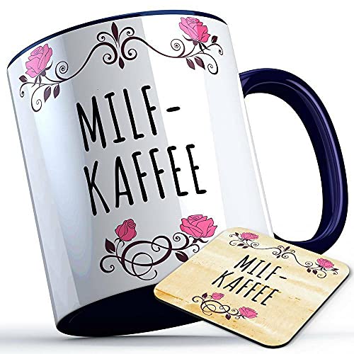 Milfkaffee Tasse mit Untersetzer Milf Kaffee Geschenk lustige Sprüchetasse Sarkasmustasse Fun Funtasse (Farbe Blau) von MERCHIFY