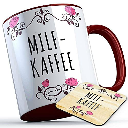 Milfkaffee Tasse mit Untersetzer Milf Kaffee Geschenk lustige Sprüchetasse Sarkasmustasse Fun Funtasse (Farbe Burgund) von MERCHIFY