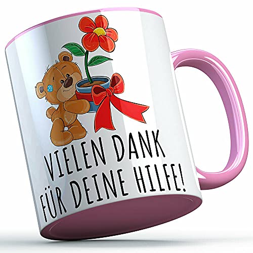 Vielen Dank für deine Hilfe Tasse (Bär mit Blumen) Geschenk Danketasse Dankestasse Freunde Verwandte Dankbarkeit Sprüchetasse (5 Farben), Farbe: Rosa Henkel von MERCHIFY