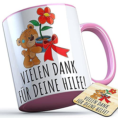 Vielen Dank für deine Hilfe Tasse mit Untersetzer (Bär mit Blumen) Geschenk Danketasse Dankestasse Freunde Verwandte Dankbarkeit Sprüchetasse (5 Farben), Farbe: Rosa Henkel von MERCHIFY