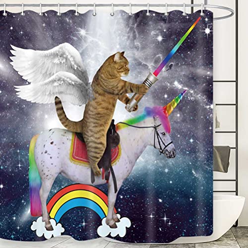 Lustiger Katzen-Duschvorhang, Katzenreiten, Einhorn, Weltraumsterne, Regenbogen-Dekoration, wasserdichter Stoff, Duschvorhänge, Kinder-Märchen-Badezimmer-Vorhang-Set mit 12 Haken, 180 x 180 cm von MERCHR