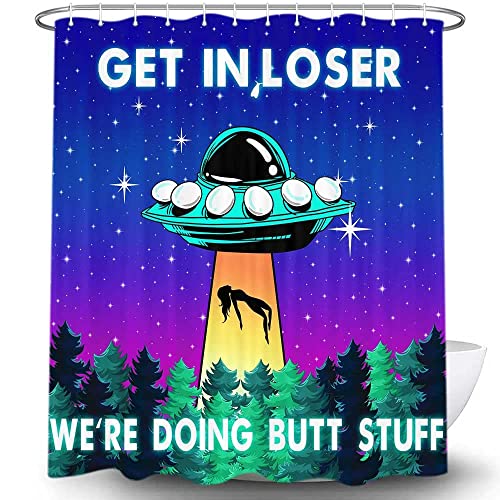 Lustiger UFO Duschvorhang für Badezimmer, einzigartiger Spaß Alien Blau Lila Weltraum Sternenhimmel Wald Stoff Duschvorhänge Set, seltsames WC Dekor Zubehör mit Haken (60 x 72) von MERCHR