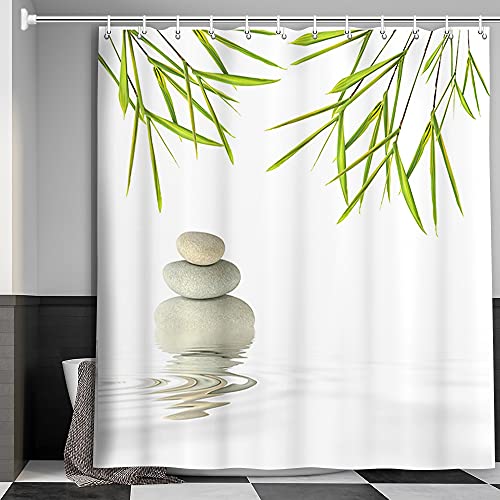 MERCHR Spa Zen Duschvorhang, grünes Blatt Zen Stein Bambus Meditationsdesign Stoff Badezimmer Duschvorhang, grün und weiß, neutrale Badvorhänge, 180 x 180 cm von MERCHR