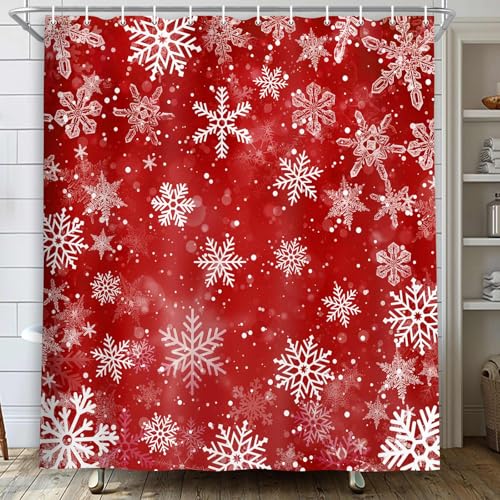 MERCHR Weihnachts-Duschvorhang, Winter-Schneeflocke, Weihnachten, Urlaub, Neujahr, Badezimmer-Vorhänge, wasserdichter Stoff, rot, maschinenwaschbar, 180 x 180 cm von MERCHR