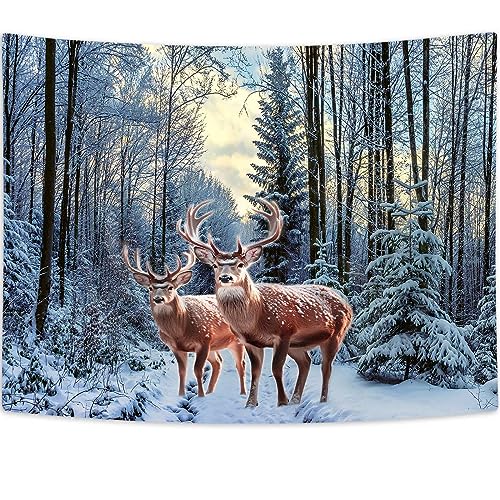 MERCHR Winter-Tapisserie, Wandbehang, Hirsch in verschneiten Wald, Bäume, Natur-Wanddecken für Schlafzimmer, Wohnzimmer, Schlafsaal, Weihnachtsdekoration, 180 x 152 cm von MERCHR