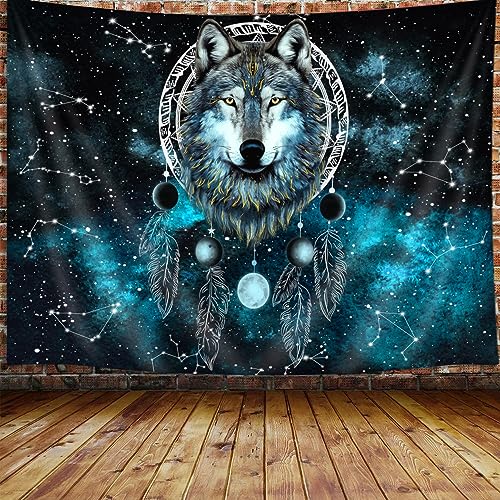 Trippy Wolf Mond Phase Traumfänger Wandteppich, cooler Tier, ästhetische Galaxie-Traumfänger, Wandbehang für Herren, Schlafzimmer, Studentenwohnheim, Heimdekoration (101.6x76.2 cm) von MERCHR