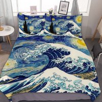 sternennacht & Die Große Welle Von Van Gogh Und Hokusai Berühmtes Gemälde 3Pcs Queen Bettwäsche Set Bettbezug Geschenkidee Kissenbezüge + Quilt Bezug von MERCHTOPIA