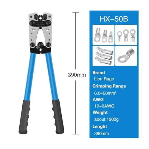 Crimpzange, Rohrklemmen-Crimper, Sechskant-Crimpwerkzeug, Multitool, Batteriekabelschuh, Kabel, Handwerkzeuge HX-50B, 6–50 mm², AWG 10–0 für Cu-Kabelschuhe(HX-50B) von MERHOVO