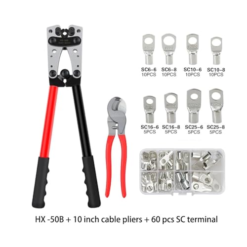 Crimpzange, Rohrklemmen-Crimper, Sechskant-Crimpwerkzeug, Multitool, Batteriekabelschuh, Kabel, Handwerkzeuge HX-50B, 6–50 mm², AWG 10–0 für Cu-Kabelschuhe(HX-50B R 60pcs Set) von MERHOVO