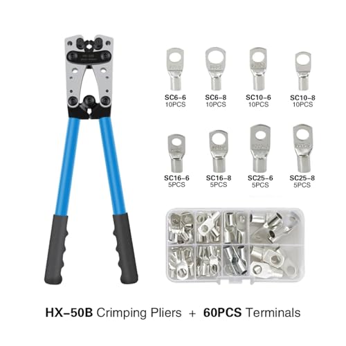 Crimpzange, Rohrklemmen-Crimper, Sechskant-Crimpwerkzeug, Multitool, Batteriekabelschuh, Kabel, Handwerkzeuge HX-50B, 6–50 mm², AWG 10–0 für Cu-Kabelschuhe(HX-50B and 60pcs) von MERHOVO