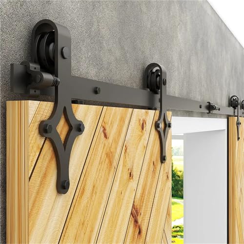 Schiebetür-Hardware-Set for Scheunentore, robust, reibungslos und leise, einfach zu installieren, passend for Doppeltürpaneele, Kleiderbügel im Diamant-Stil, Schwarz,Schwere Struktur(15FT-457CM) von MERHOVO