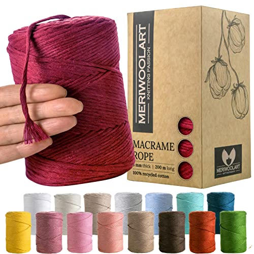 MeriWoolArt® Premium Makramee Garn Rot - Makramee Baumwollgarn 3mm x 200m - Super weiches Garn, einfach gedrehte Makramee Schnur - Öko-Tex 100% recyceltes Baumwolle für DIY Boho Deko Handwerk von MERIWOOLART