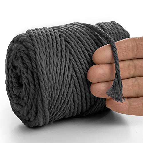 MeriWoolArt® Makramee Garn 4mm 75m Grau, Baumwollgarn Kordel, Dicke Macrame Cord für Makramee Wandbehang, Blumenampel, Vorhang und Mehr DIY Deco (Graphite, 4mm x 75m) von MERIWOOLART