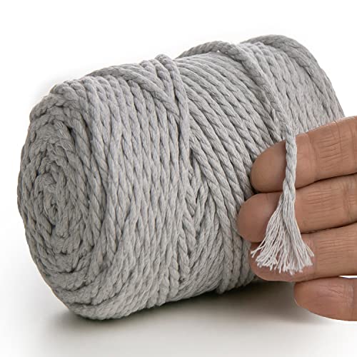 MeriWoolArt® Makramee Garn 4mm 75m Grau, Baumwollgarn Kordel, Dicke Macrame Cord für Makramee Wandbehang, Blumenampel, Vorhang und Mehr DIY Deco (Hellgrau, 4mm x 75m) von MERIWOOLART