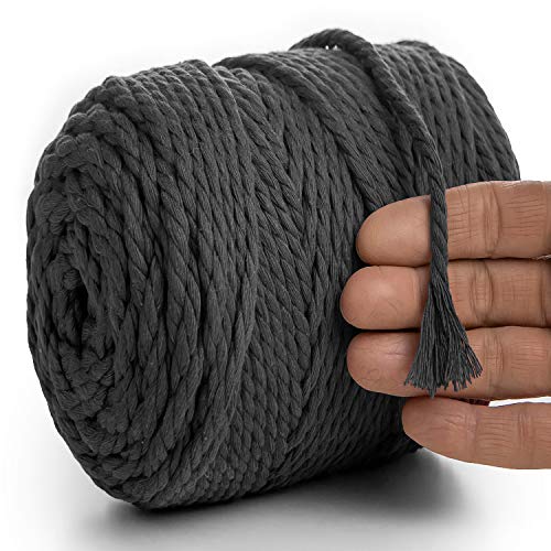 MeriWoolArt® Makramee Garn 6mm 100m Grau, Baumwollgarn Kordel, Dicke Macrame Cord für Makramee Wandbehang, Blumenampel, Vorhang und Mehr DIY Deco (Graphite, 6mm x 100m) von MERIWOOLART