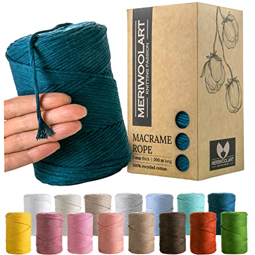 MeriWoolArt® Makramee Garn Blau - Makramee Garn 3mm farbig 200m - Super weiches Garn, einfach gedrehte Makramee Schnur - Öko-Tex 100% recyceltes Baumwollgarn farbig - DIY Boho Deko Makramee von MERIWOOLART