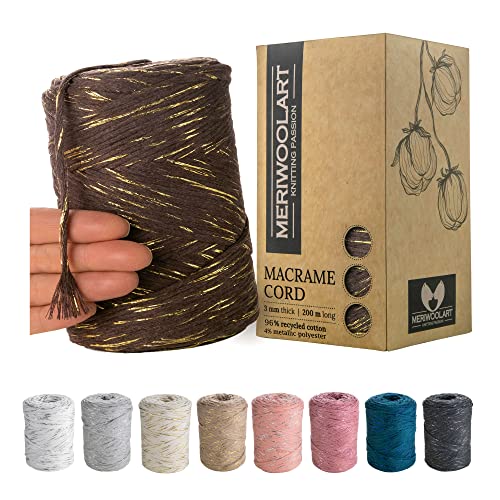 MeriWoolArt® Makramee Garn Braun - Makramee Garn 3mm farbig 200m - Super weiches Garn, einfach gedrehte Makramee Schnur - Öko-Tex 96% recyceltes Baumwollgarn farbig - DIY Boho Deko Makramee von MERIWOOLART