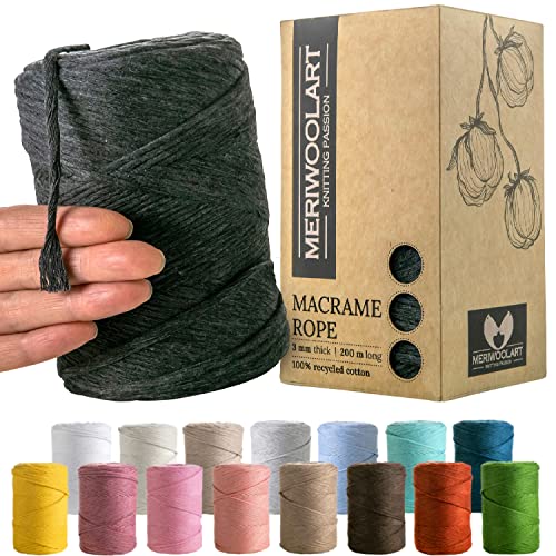 MeriWoolArt® Makramee Garn Grau - Makramee Garn 3mm farbig 200m - Super weiches Garn, einfach gedrehte Makramee Schnur - Öko-Tex 100% recyceltes Baumwollgarn farbig - DIY Boho Deko Makramee von MERIWOOLART