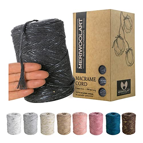 MeriWoolArt® Makramee Garn Grau - Makramee Garn 3mm farbig 200m - Super weiches Garn, einfach gedrehte Makramee Schnur - Öko-Tex 96% recyceltes Baumwollgarn farbig - DIY Boho Deko Makramee von MERIWOOLART