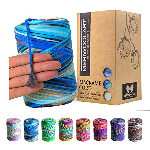 MeriWoolArt Makramee-Schnur, 3 mm, Makramee-Garn, 200 m, Baumwollseil, einfach gedreht, Makramee-Schnur, recycelte Baumwolle, Öko-Tex – Basteln, Makramee, Innendekoration, Boho von MERIWOOLART