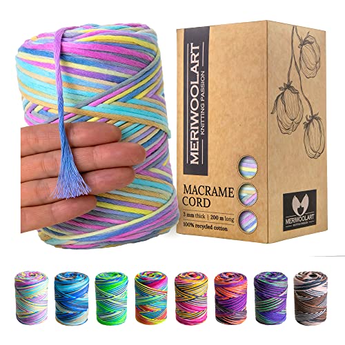 MeriWoolArt® Makramee Garn - Makramee Garn 3mm farbig 200m - Super weiches Garn, einfach gedrehte Makramee Schnur - Öko-Tex 100% recyceltes Baumwollgarn farbig - DIY Boho Deko Makramee von MERIWOOLART