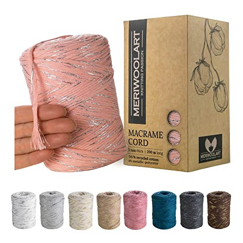 MeriWoolArt® Makramee Garn Rosa - Makramee Garn 3mm farbig 200m - Super weiches Garn, einfach gedrehte Makramee Schnur - Öko-Tex 96% recyceltes Baumwollgarn farbig - DIY Boho Deko Makramee von MERIWOOLART