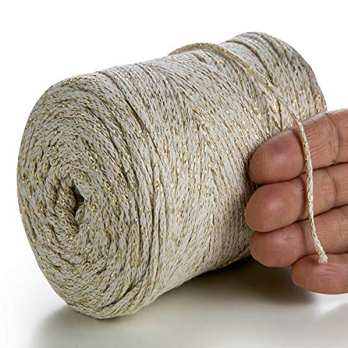 MeriWoolArt® Metallische Makramee Garn 2mm x 225m Farbig für Schnur Schmuckherstellung, Makramee Accessoires Schmuck - Boho Makramee Seil Garn - Glanz Lurex Recyceltes Baumwollgarn (Lurex Beige) von MERIWOOLART