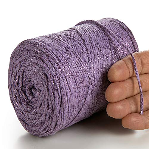 MeriWoolArt® Metallische Makramee Garn 2mm x 225m Farbig für Schnur Schmuckherstellung, Makramee Accessoires Schmuck - Boho Makramee Seil Garn - Glanz Lurex Recyceltes Baumwollgarn (Lurex Lavender) von MERIWOOLART