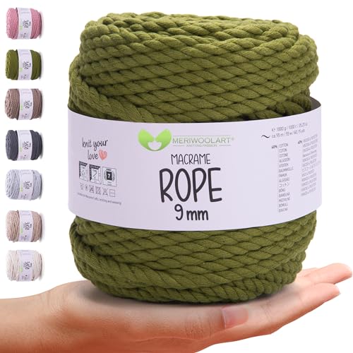 MeriWoolArt® Premium Makramee Garn 9 mm x 55m (Salbei), Baumwollgarn Kordel, Dicke Makramee Seil für Wandbehang, Blumenampel, Vorhang und Mehr DIY Handwerk von MERIWOOLART