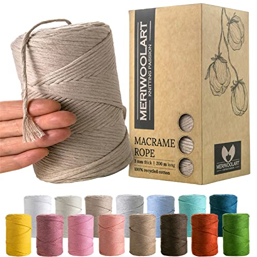 MeriWoolArt® Premium Makramee Garn Beige - Makramee Baumwollgarn 3mm x 200m - Super weiches Garn, einfach gedrehte Makramee Schnur - Öko-Tex 100% recyceltes Baumwolle für DIY Boho Deko Handwerk von MERIWOOLART