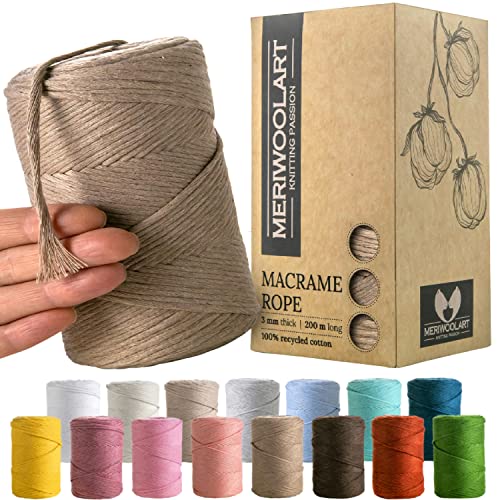 MeriWoolArt® Premium Makramee Garn Beige - Makramee Baumwollgarn 3mm x 200m - Super weiches Garn, einfach gedrehte Makramee Schnur - 100% Baumwolle für DIY Boho Deko Handwerk von MERIWOOLART