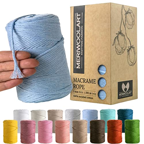 MeriWoolArt® Premium Makramee Garn Blau - Makramee Baumwollgarn 3mm x 200m - Super weiches Garn, einfach gedrehte Makramee Schnur - Öko-Tex 100% recyceltes Baumwolle für DIY Boho Deko Handwerk von MERIWOOLART