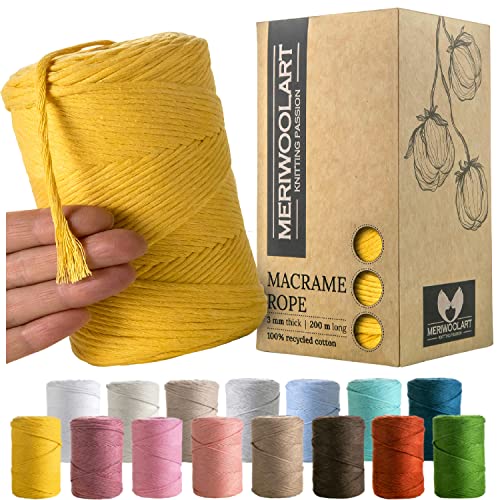 MeriWoolArt® Premium Makramee Garn Gelb - Makramee Baumwollgarn 3mm x 200m - Super weiches Garn, einfach gedrehte Makramee Schnur - 100% Baumwolle für DIY Boho Deko Handwerk von MERIWOOLART