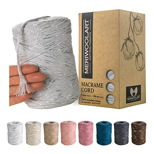 MeriWoolArt® Premium Makramee Garn Grau - Makramee Baumwollgarn 3mm x 200m - Super weiches Garn, einfach gedrehte Makramee Schnur - Öko-Tex 96% recyceltes Baumwolle für DIY Boho Deko Handwerk von MERIWOOLART