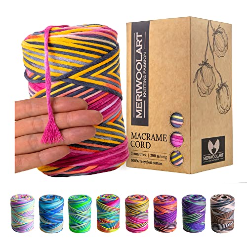 MeriWoolArt® Premium Makramee Garn - Makramee Baumwollgarn 3mm x 200m - Super weiches Garn, einfach gedrehte Makramee Schnur - Öko-Tex 100% recyceltes Baumwolle für DIY Boho Deko Handwerk von MERIWOOLART