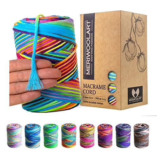 MeriWoolArt® Premium Makramee Garn - Makramee Baumwollgarn 3mm x 200m - Super weiches Garn, einfach gedrehte Makramee Schnur - Öko-Tex 100% recyceltes Baumwolle für DIY Boho Deko Handwerk von MERIWOOLART