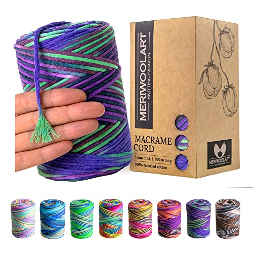 MeriWoolArt® Premium Makramee Garn - Makramee Baumwollgarn 3mm x 200m - Super weiches Garn, einfach gedrehte Makramee Schnur - Öko-Tex 100% recyceltes Baumwolle für DIY Boho Deko Handwerk von MERIWOOLART