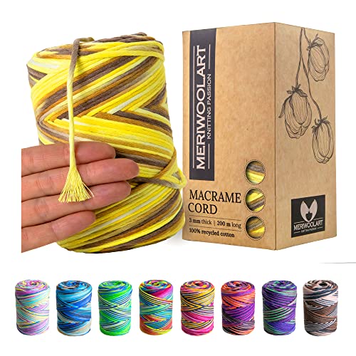 MeriWoolArt® Premium Makramee Garn - Makramee Baumwollgarn 3mm x 200m - Super weiches Garn, einfach gedrehte Makramee Schnur - Öko-Tex 100% recyceltes Baumwolle für DIY Boho Deko Handwerk von MERIWOOLART