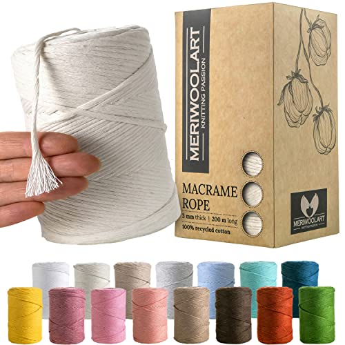 MeriWoolArt® Premium Makramee Garn Natur - Makramee Baumwollgarn 3mm x 200m - Super weiches Garn, einfach gedrehte Makramee Schnur - Öko-Tex 100% recyceltes Baumwolle für DIY Boho Deko Handwerk von MERIWOOLART