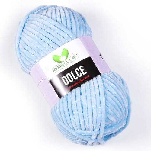 MeriWoolArt Chenille Garn zum Stricken und Häkeln Babyblau - 100 g und 120 m Samt-Wolle - 100% Flauschige Polyester Strickgarn für Amigurumi Kissen Decken weiche Kleidung Geschenke von MERIWOOLART