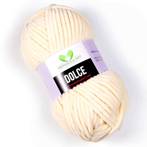 MeriWoolArt Chenille Garn zum Stricken und Häkeln Hellgelb - 100 g und 120 m Samt-Wolle - 100% Flauschige Polyester Strickgarn für Amigurumi Kissen Decken weiche Kleidung Geschenke von MERIWOOLART