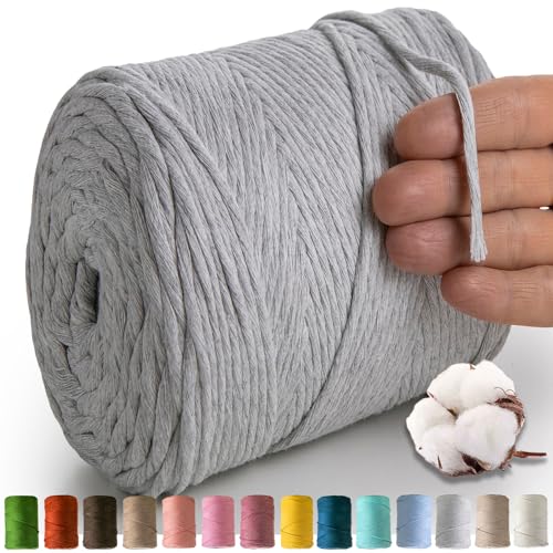 MeriWoolArt® Makramee Garn Grau - Makramee Garn 4mm farbig 225m - Super weiches Baumwollgarn, einfach gedrehte Makramee Schnur für Makramee Wandbehang, Blumenampel, Vorhang und Mehr DIY Deco von MERIWOOLART