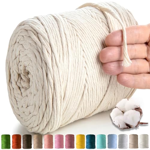 MeriWoolArt® Makramee Garn Natur - Makramee Garn 4mm farbig 225m - Super weiches Baumwollgarn, einfach gedrehte Makramee Schnur für Makramee Wandbehang, Blumenampel, Vorhang und Mehr DIY Deco von MERIWOOLART