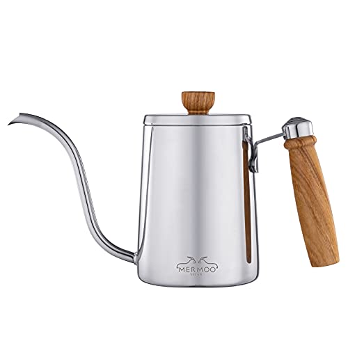 MERMOO YILAN Kaffeekanne 600ml Schwanenhals Kaffeekessel Tropfkaffeekanne Pour Over kaffeebereiter Teekessel Schwanenhalsausguss für 1~2 Tassen Handbrüh (Silber) von MERMOO YILAN