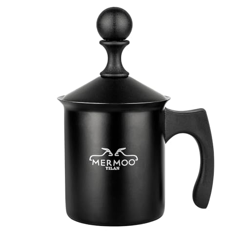MERMOO YILAN Milchaufschäumer 304 Edelstahl Milchschäumer Doppelsieb, Kalt/Hot Schaum für Lattte, Cappuccino, leicht zu reinigen, perfekt für Reise Camping Büro (schwarz) von MERMOO YILAN