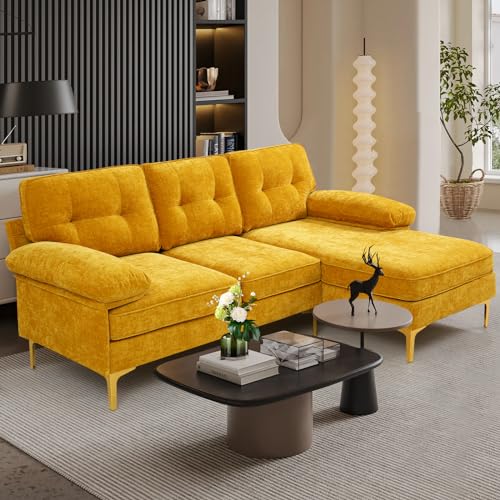 MEROUS Ecksofa - Chenille Sofa Polsterecke Couch in L-Form - Waschbare Kissen - Chaiselongue beidseitig montierbar - 210cm Breit Eckcouch Klein mit 3 Sitzer für Wohnungen/Wohnzimmer - Gelb von MEROUS